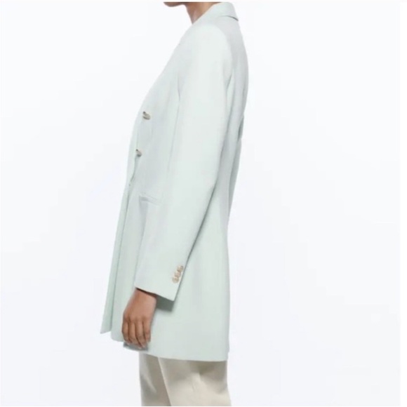 Zara women’s mint Green Double-Breasted long Blazer coat sz small preloved - Picture 4 of 16